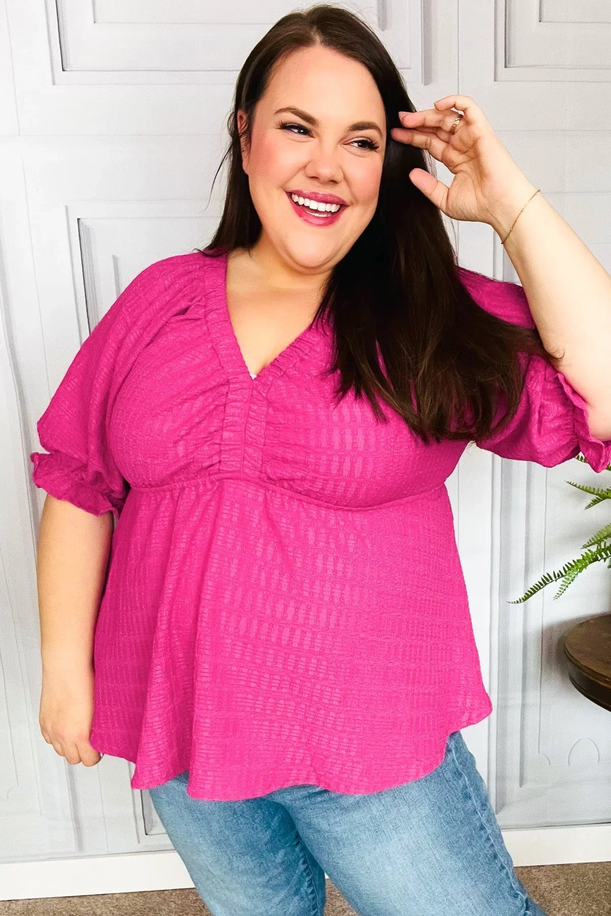Feeling Strong Fuchsia Textured V Neck Babydoll Top | Daverri Fashions