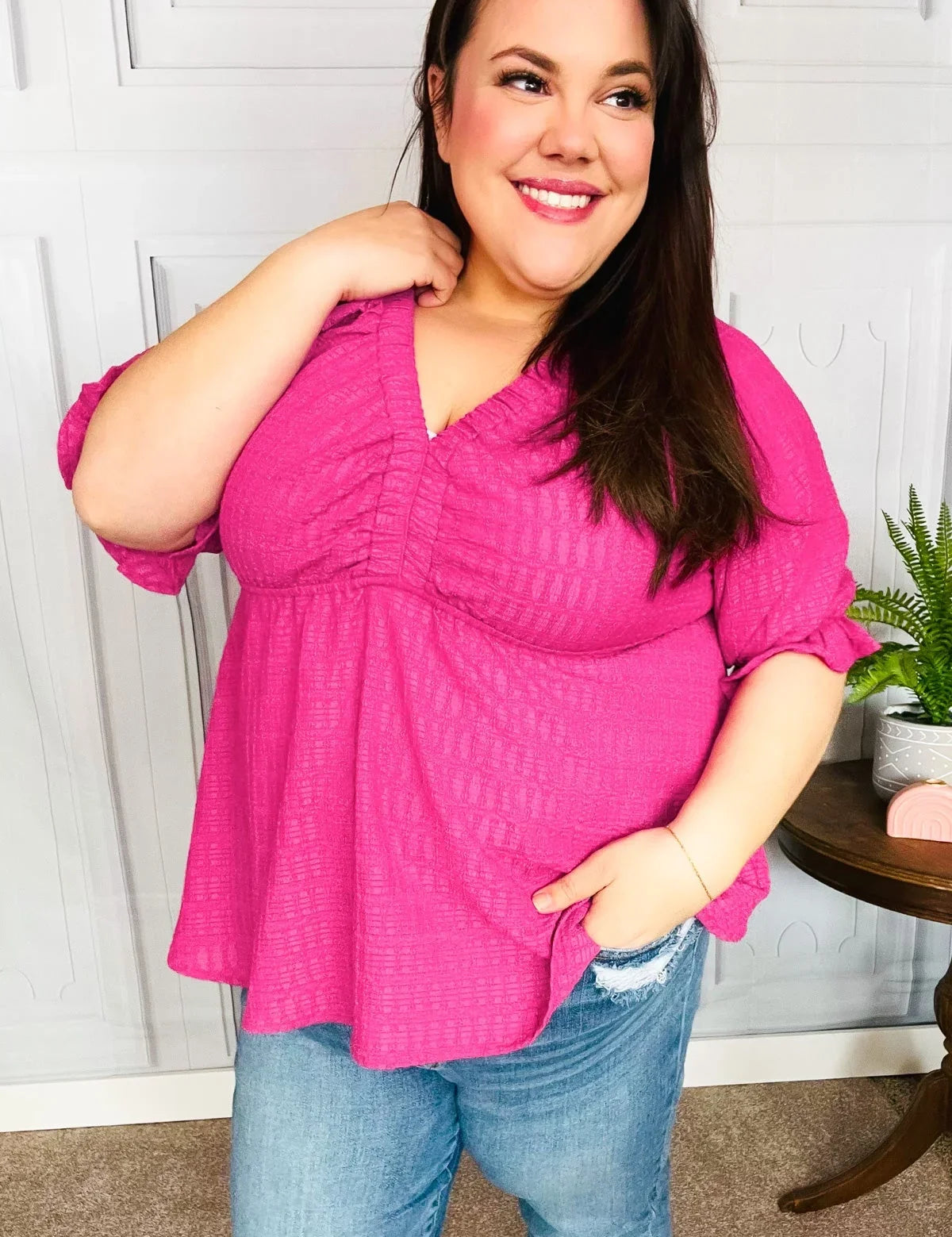 Feeling Strong Fuchsia Textured V Neck Babydoll Top | Daverri Fashions