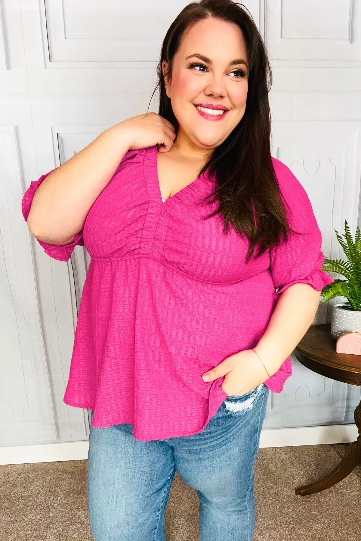 Feeling Strong Fuchsia Textured V Neck Babydoll Top | Daverri Fashions