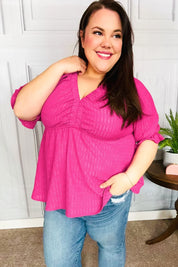 Feeling Strong Fuchsia Textured V Neck Babydoll Top | Daverri Fashions