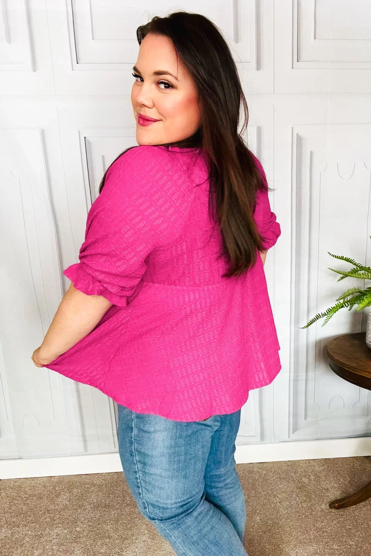 Feeling Strong Fuchsia Textured V Neck Babydoll Top | Daverri Fashions