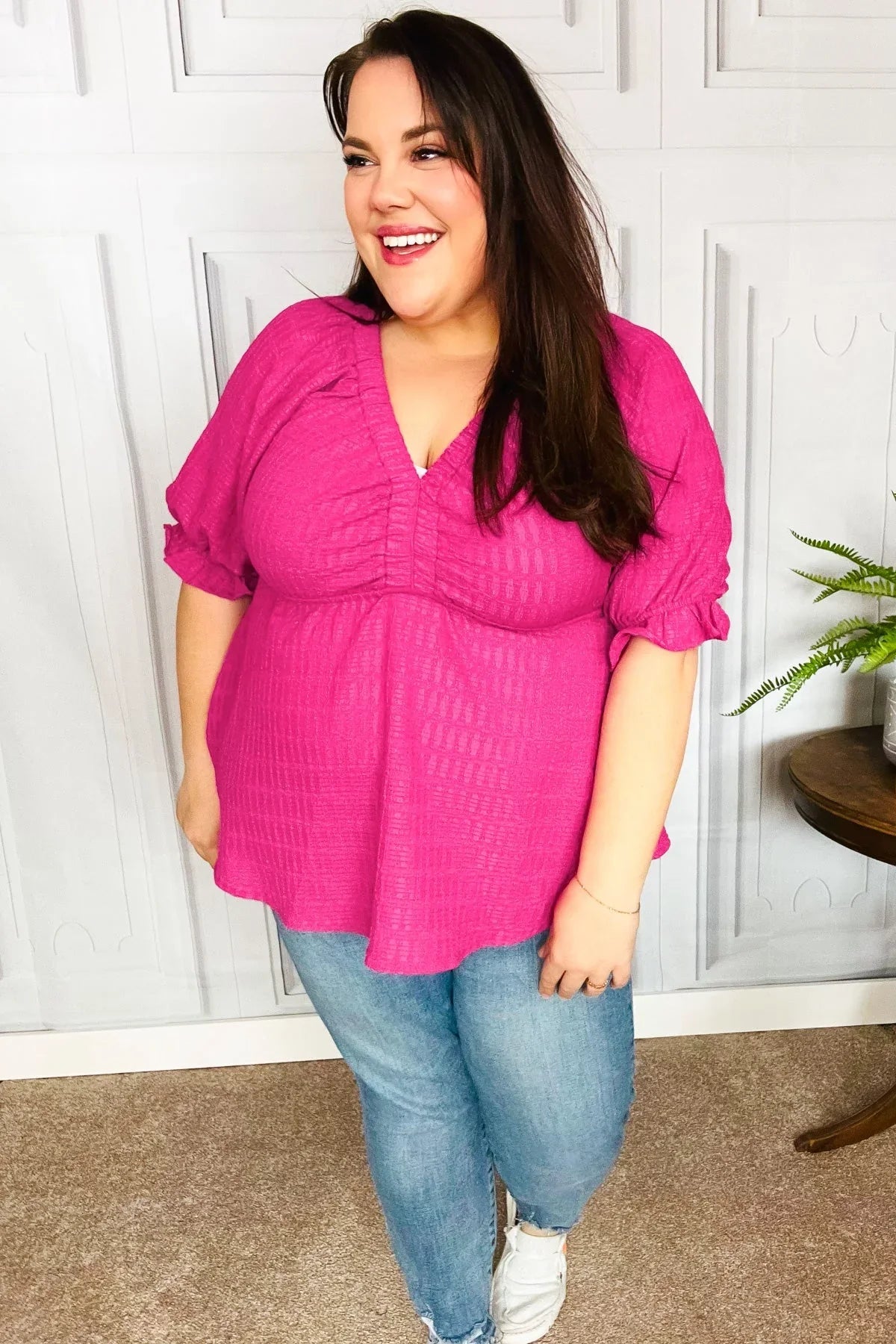 Feeling Strong Fuchsia Textured V Neck Babydoll Top | Daverri Fashions