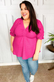 Feeling Strong Fuchsia Textured V Neck Babydoll Top | Daverri Fashions