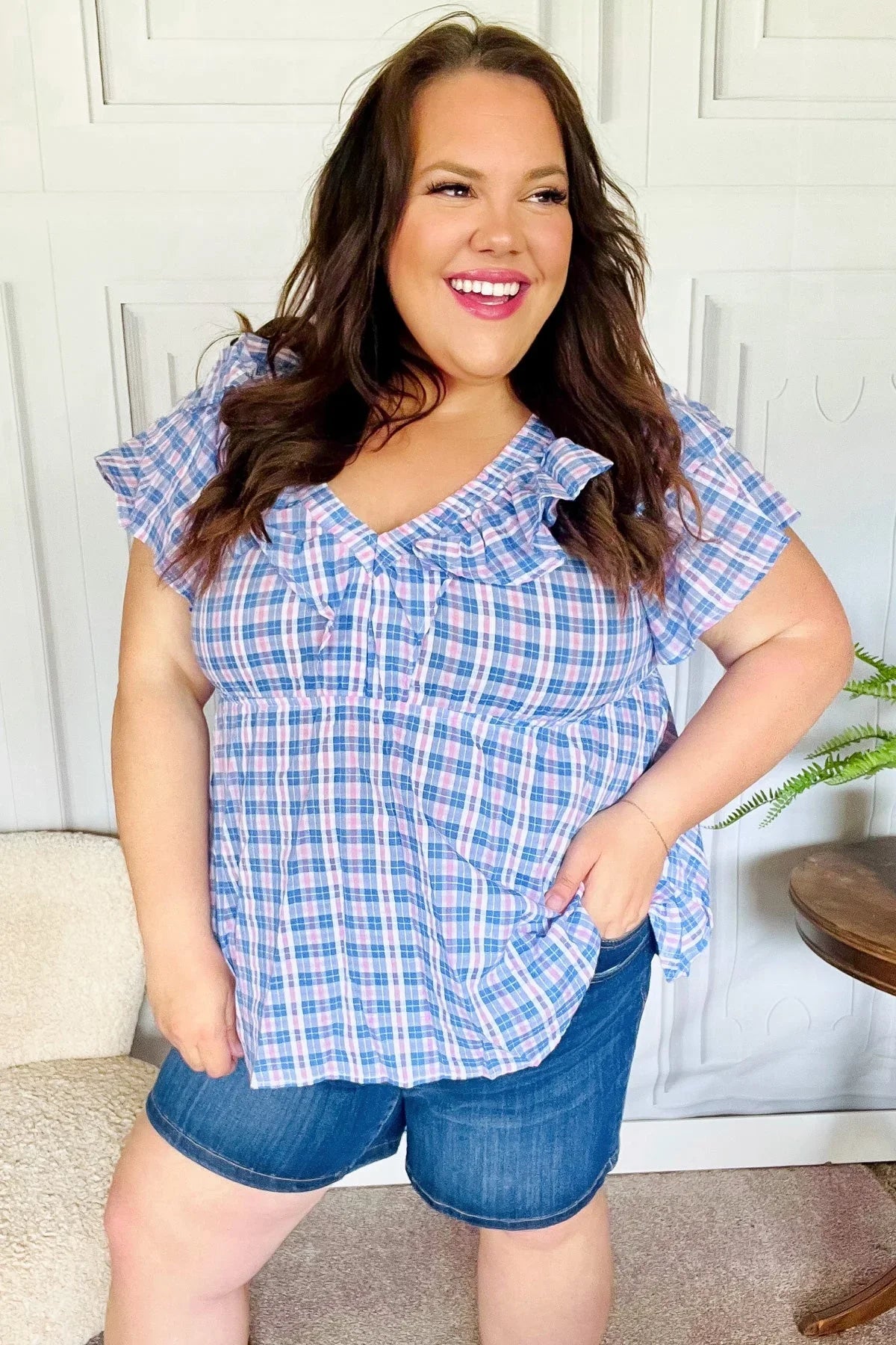 Hello Beautiful Blue Plaid V Neck Ruffle Elastic Babydoll Top | 2024 Blow-Out Sale Daverri Fashions