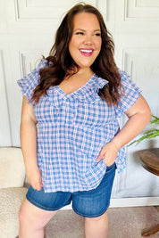 Hello Beautiful Blue Plaid V Neck Ruffle Elastic Babydoll Top | 2024 Blow-Out Sale Daverri Fashions