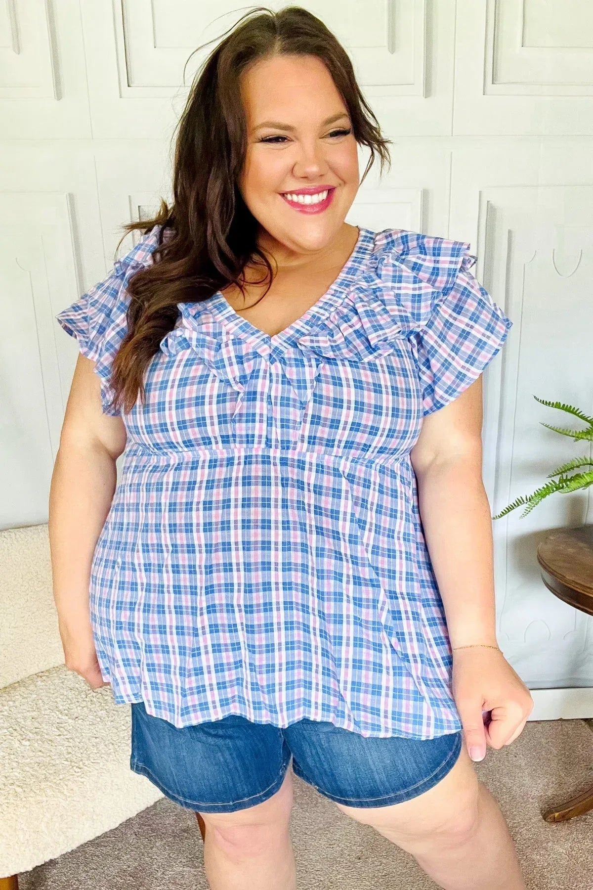 Hello Beautiful Blue Plaid V Neck Ruffle Elastic Babydoll Top - DAVERRI FASHIONS