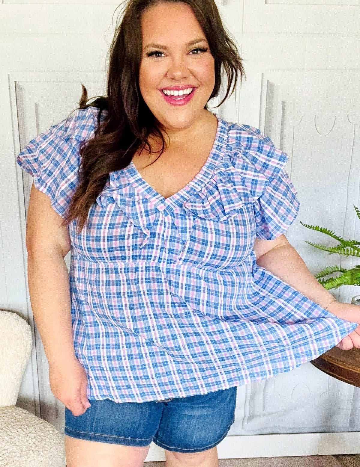 Hello Beautiful Blue Plaid V Neck Ruffle Elastic Babydoll Top | 2024 Blow-Out Sale Daverri Fashions