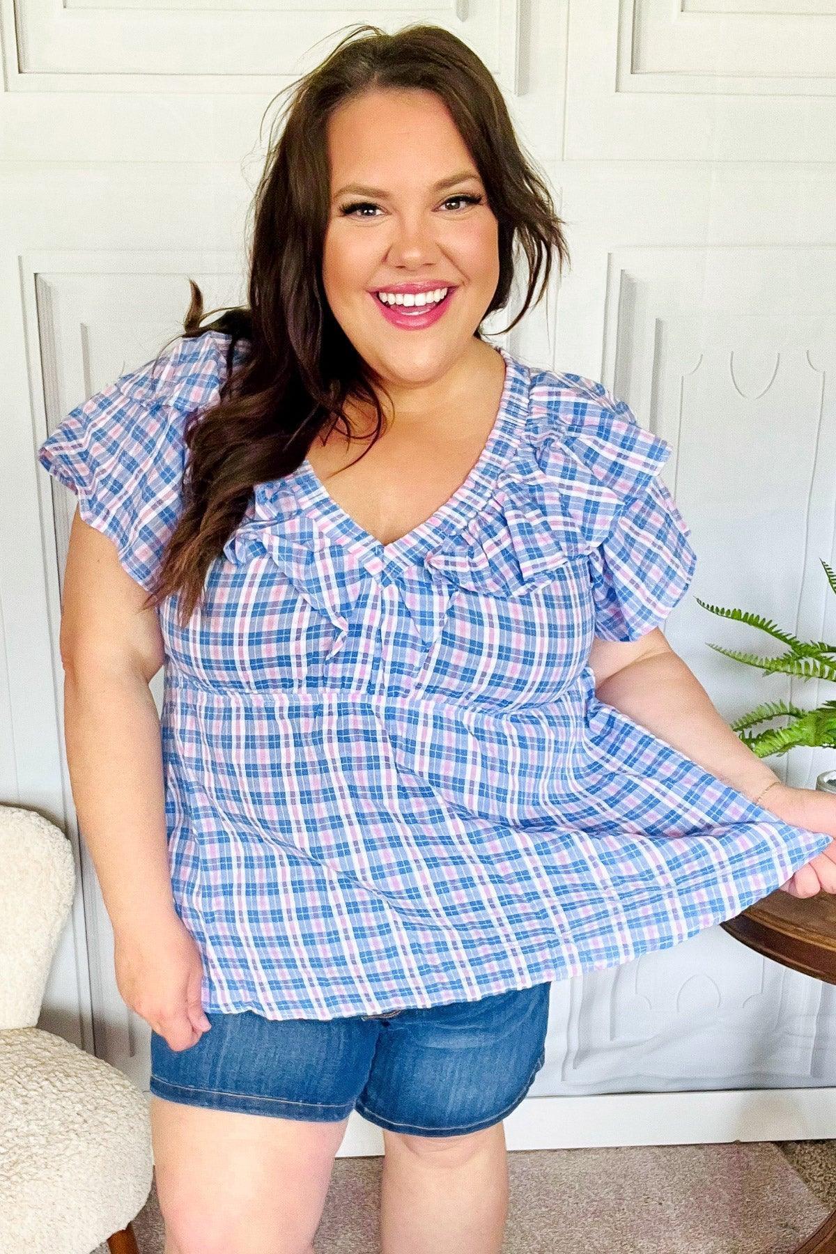 Hello Beautiful Blue Plaid V Neck Ruffle Elastic Babydoll Top - DAVERRI FASHIONS