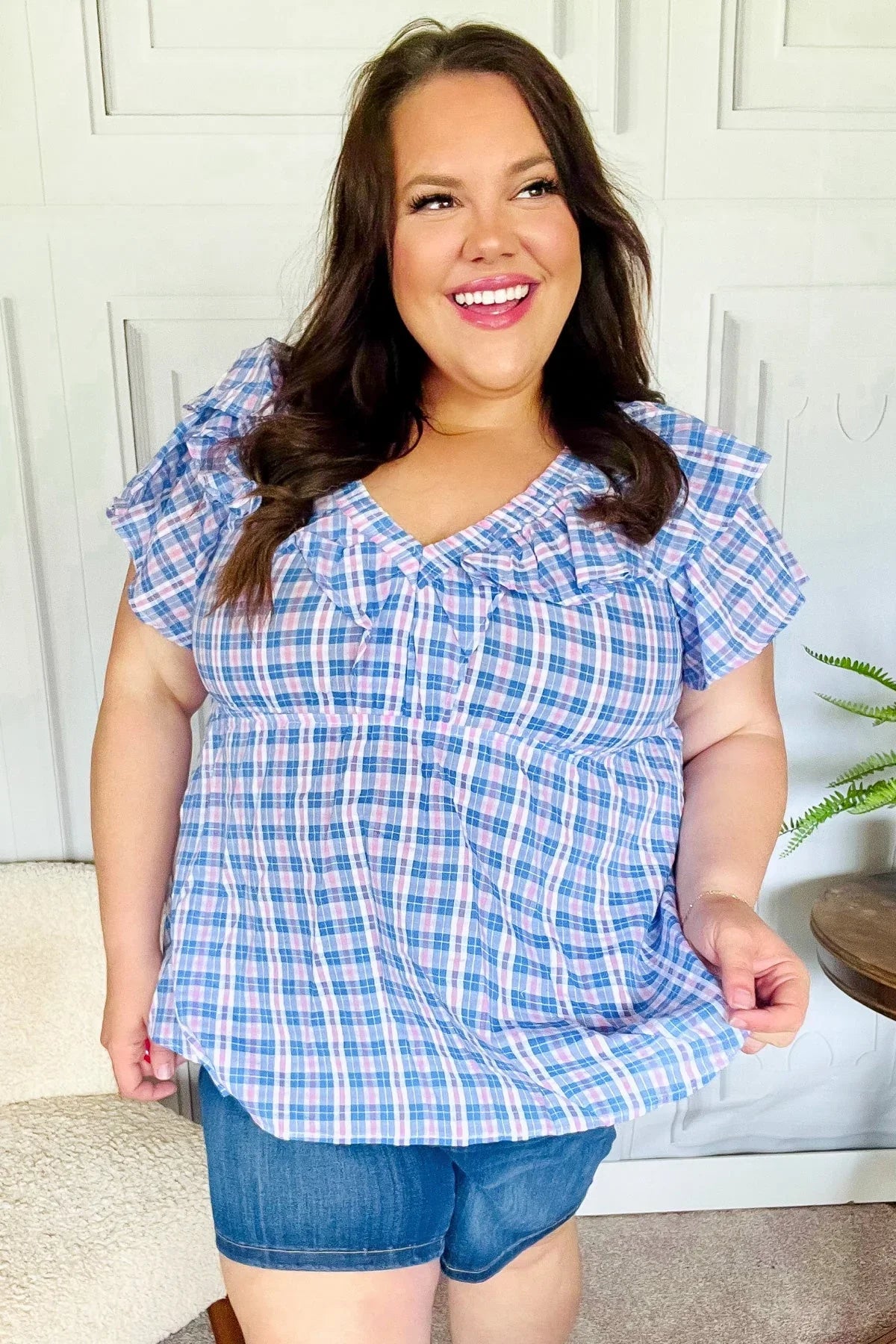 Hello Beautiful Blue Plaid V Neck Ruffle Elastic Babydoll Top | 2024 Blow-Out Sale Daverri Fashions