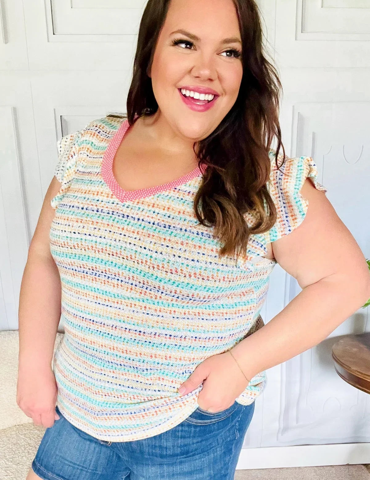 Sunny Days Coral Two Tone Striped Textured Knit V Neck Top | 2024 Summer Blow Out Sale Daverri Fashions