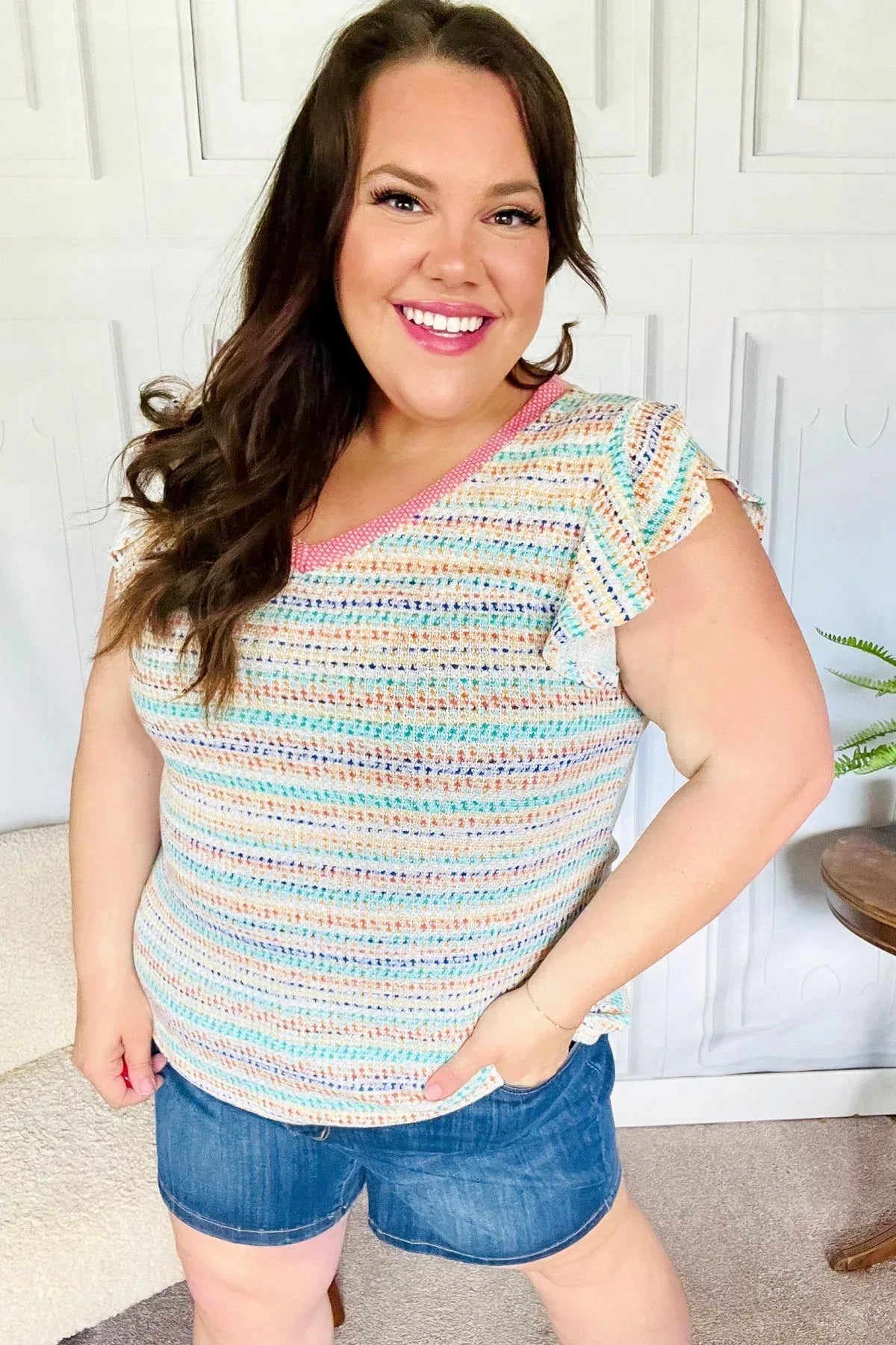 Sunny Days Coral Two Tone Striped Textured Knit V Neck Top - DAVERRI FASHIONS