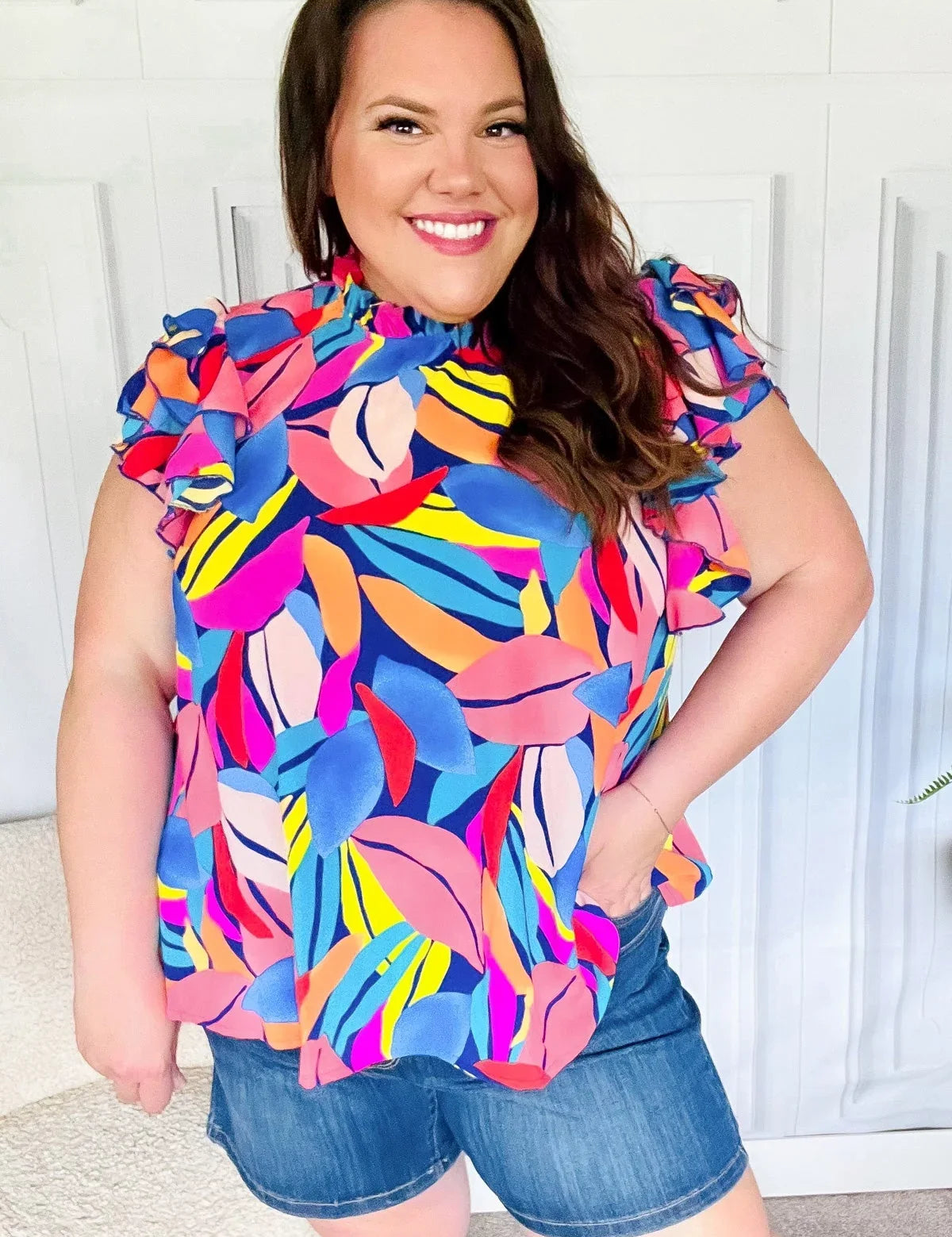 Tropical Vibes Blue & Pink Mock Neck Flutter Sleeve Top | Daverri Fashions