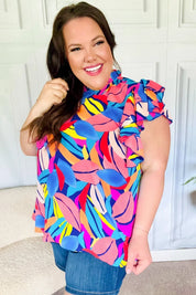 Tropical Vibes Blue & Pink Mock Neck Flutter Sleeve Top | Daverri Fashions