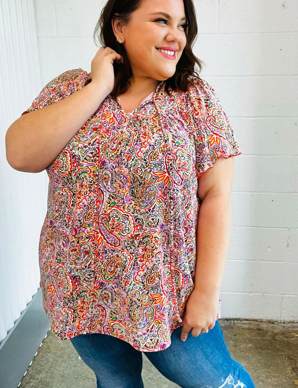 Plum Multicolor Boho Paisley Tie Neck Dolman Top | Daverri Fashions