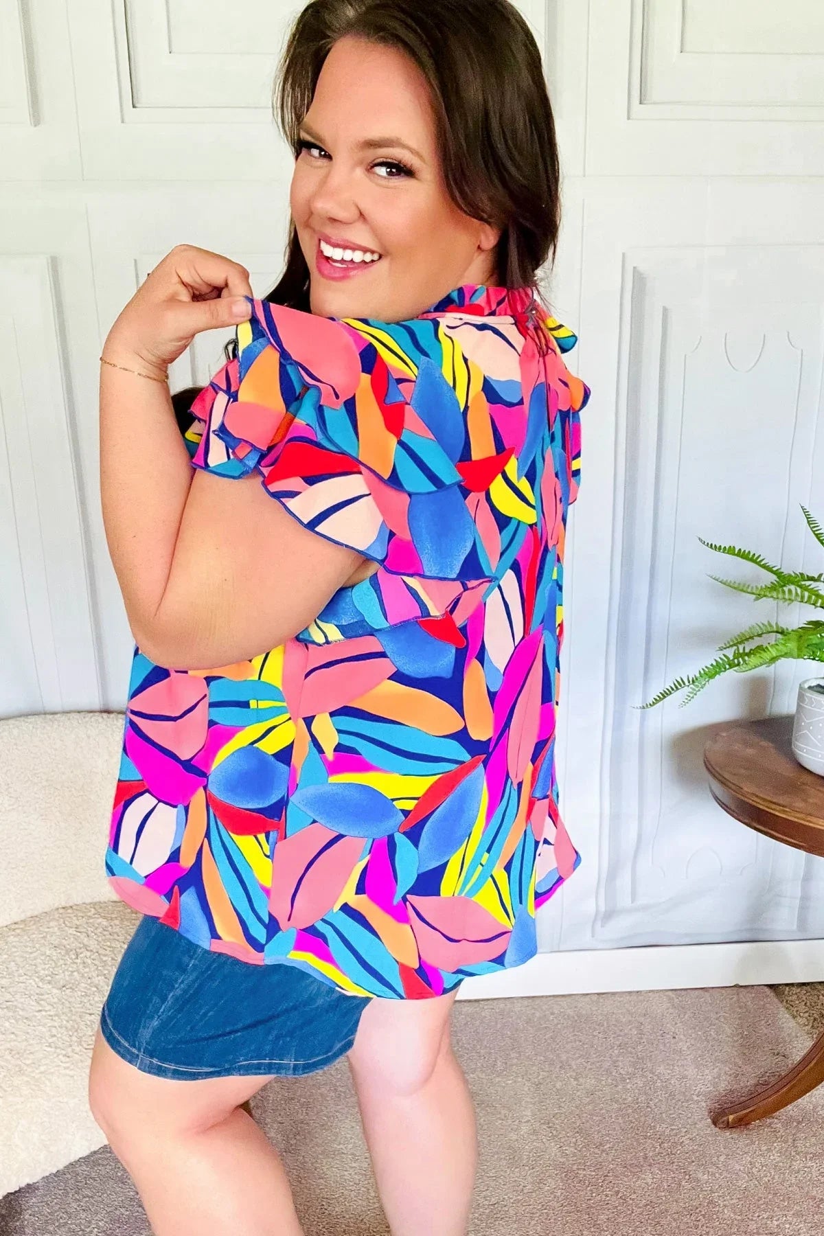 Tropical Vibes Blue & Pink Mock Neck Flutter Sleeve Top | Daverri Fashions