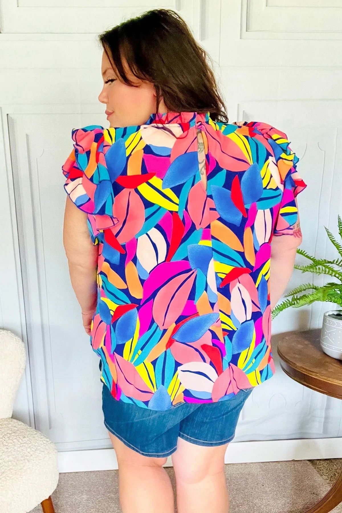 Tropical Vibes Blue & Pink Mock Neck Flutter Sleeve Top | Daverri Fashions