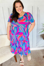 Remember Me Blue & Fuchsia Geo Print V Neck Dress | Daverri Fashions