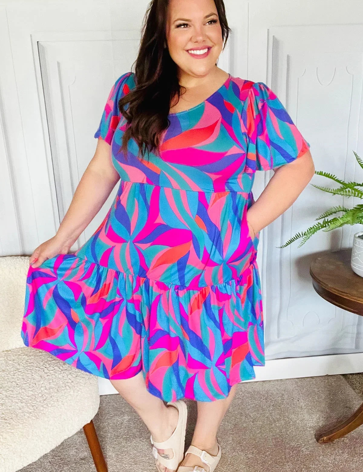 Remember Me Blue & Fuchsia Geo Print V Neck Dress | Daverri Fashions