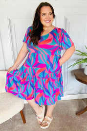 Remember Me Blue & Fuchsia Geo Print V Neck Dress | Daverri Fashions