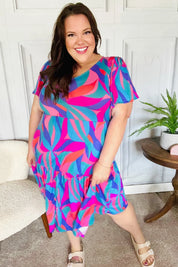 Remember Me Blue & Fuchsia Geo Print V Neck Dress | Daverri Fashions