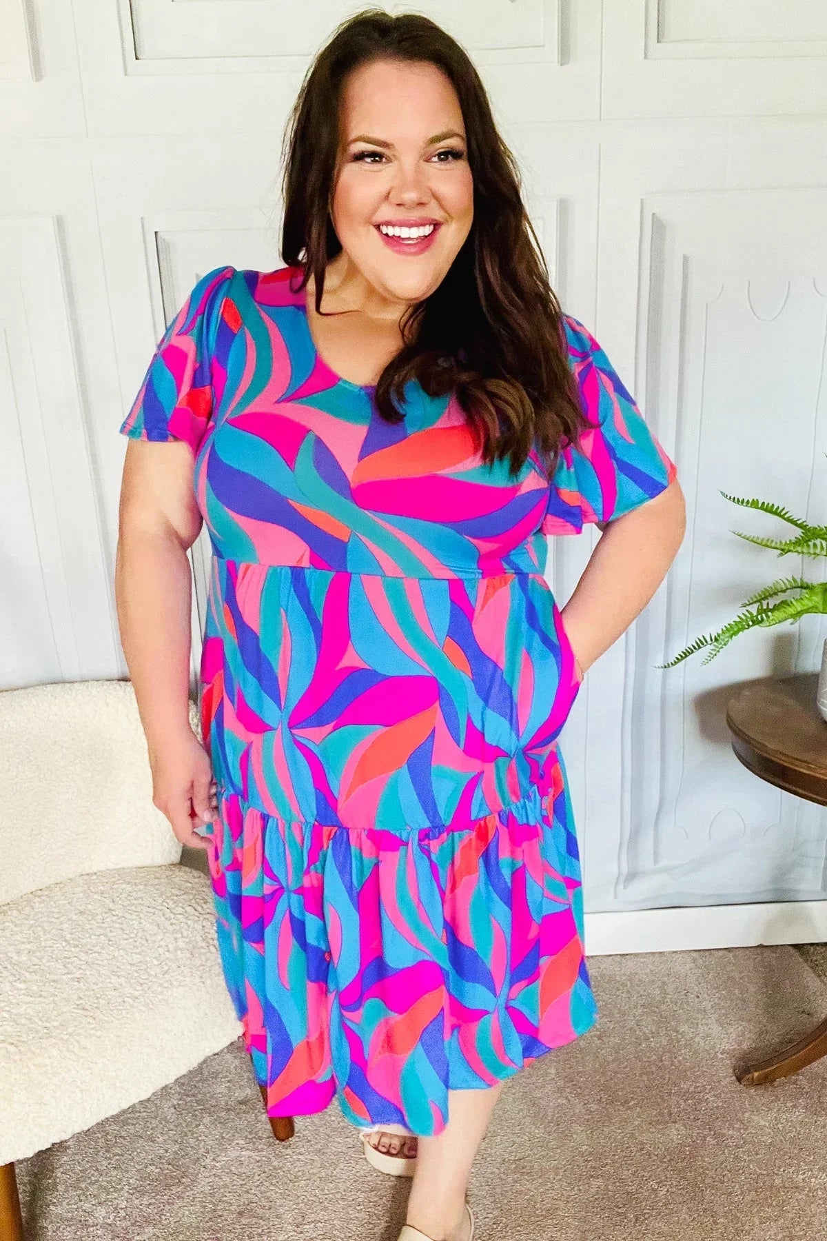 Remember Me Blue & Fuchsia Geo Print V Neck Dress | Daverri Fashions
