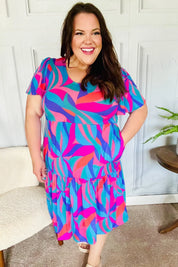 Remember Me Blue & Fuchsia Geo Print V Neck Dress | Daverri Fashions