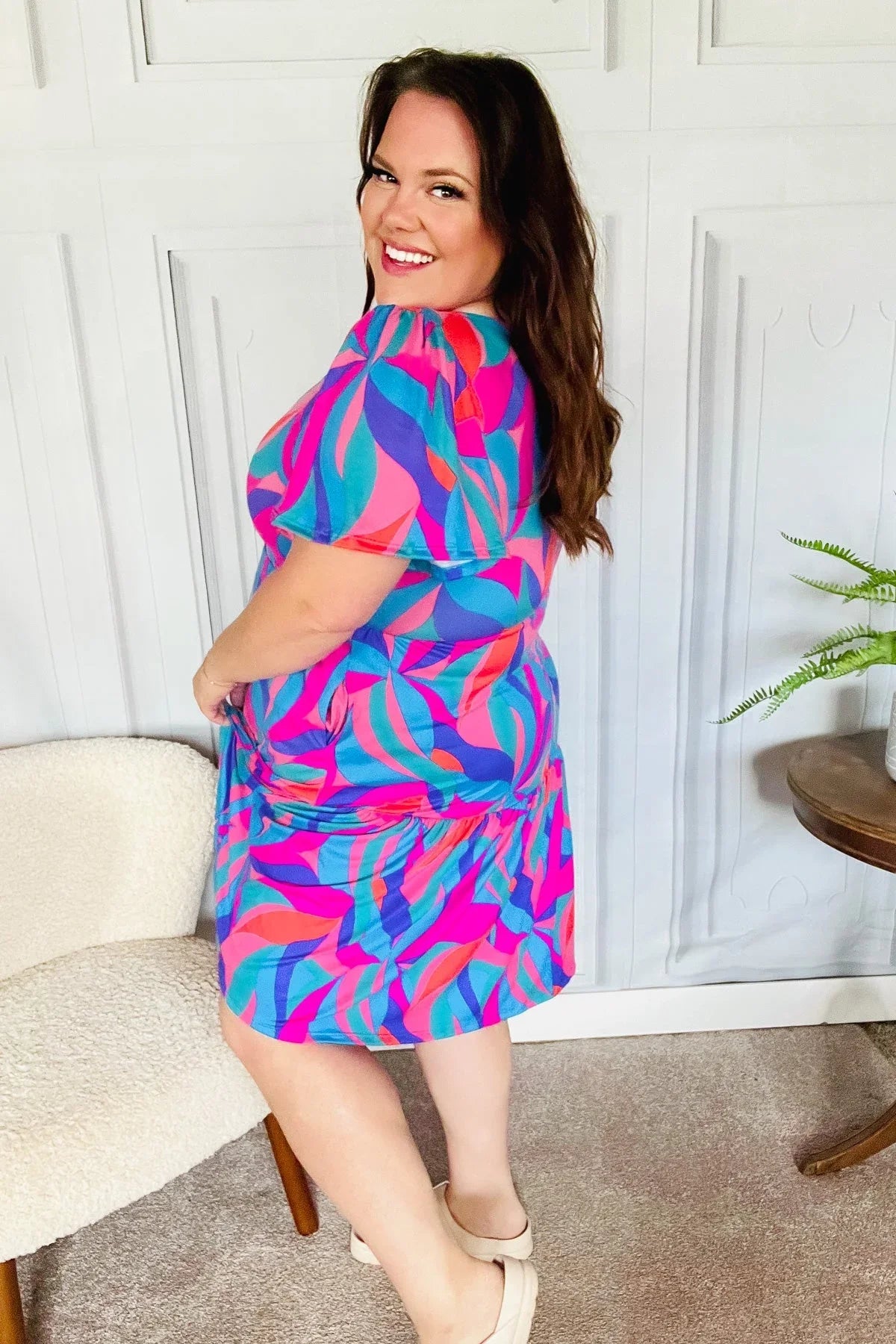 Remember Me Blue & Fuchsia Geo Print V Neck Dress | Daverri Fashions