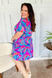Remember Me Blue & Fuchsia Geo Print V Neck Dress | Daverri Fashions