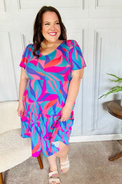 Remember Me Blue & Fuchsia Geo Print V Neck Dress | Daverri Fashions