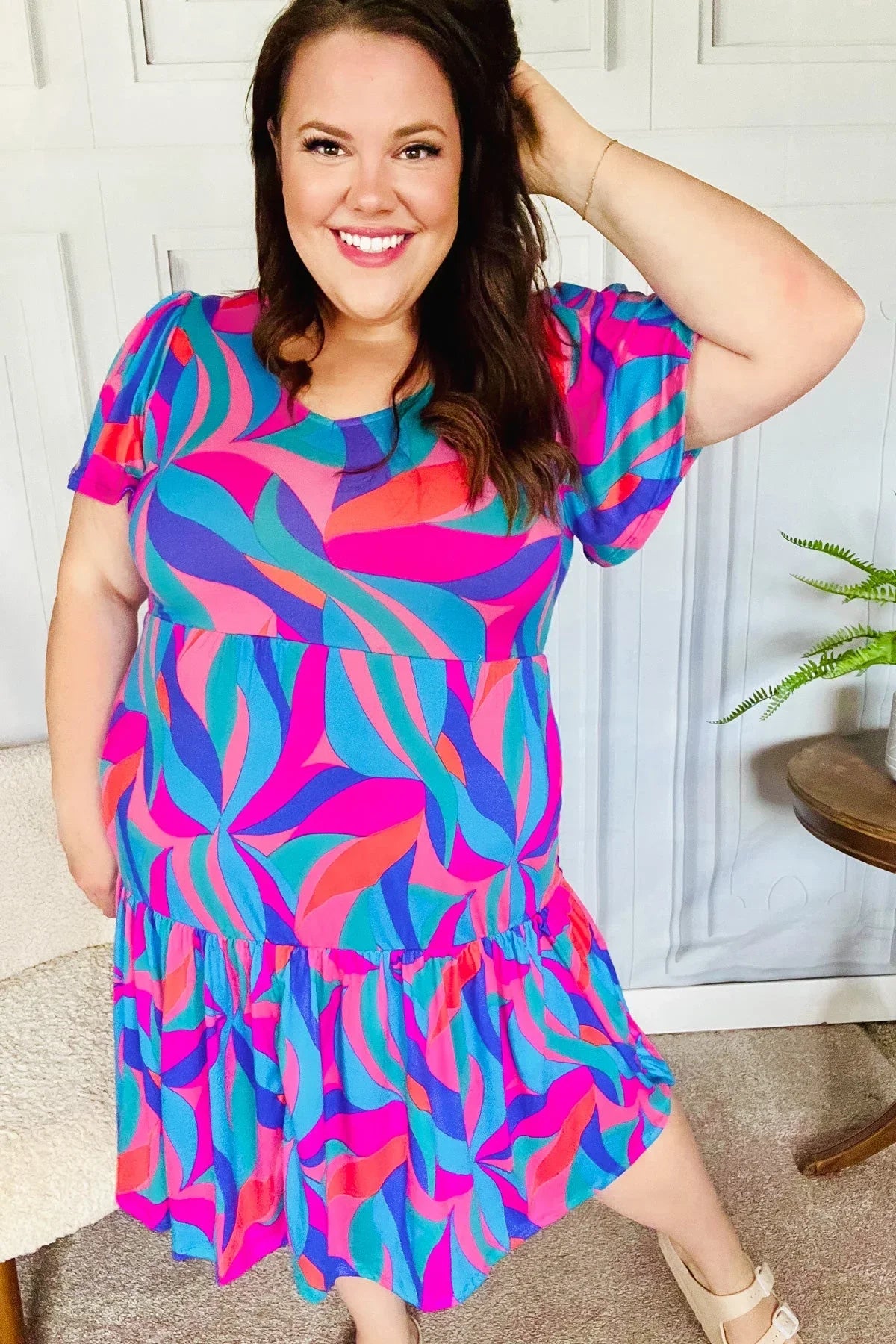 Remember Me Blue & Fuchsia Geo Print V Neck Dress | Daverri Fashions
