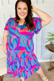 Remember Me Blue & Fuchsia Geo Print V Neck Dress | Daverri Fashions