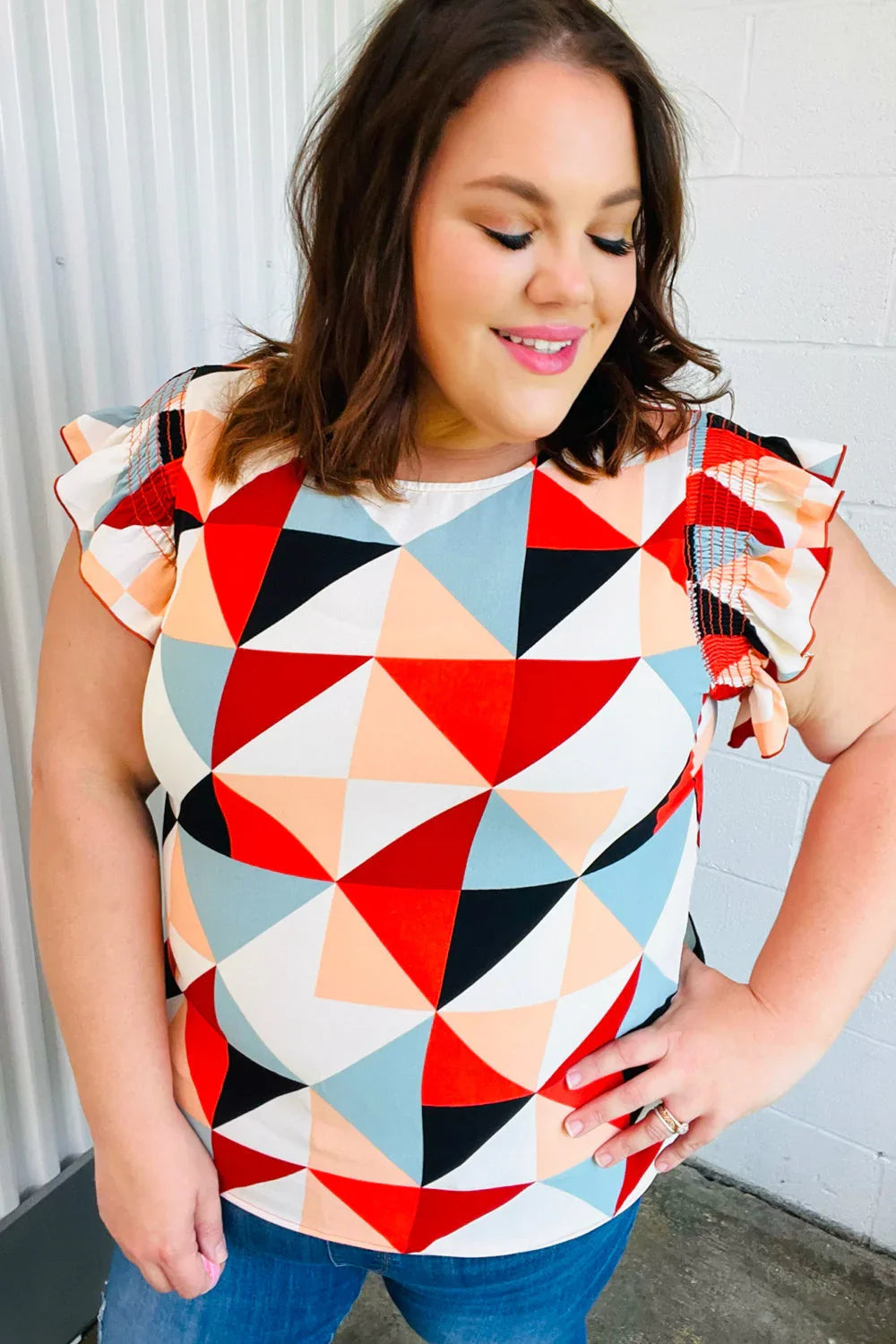 Burnt Orange Geo Print Smocked Ruffle Frill Sleeve Top | Daverri Fashions