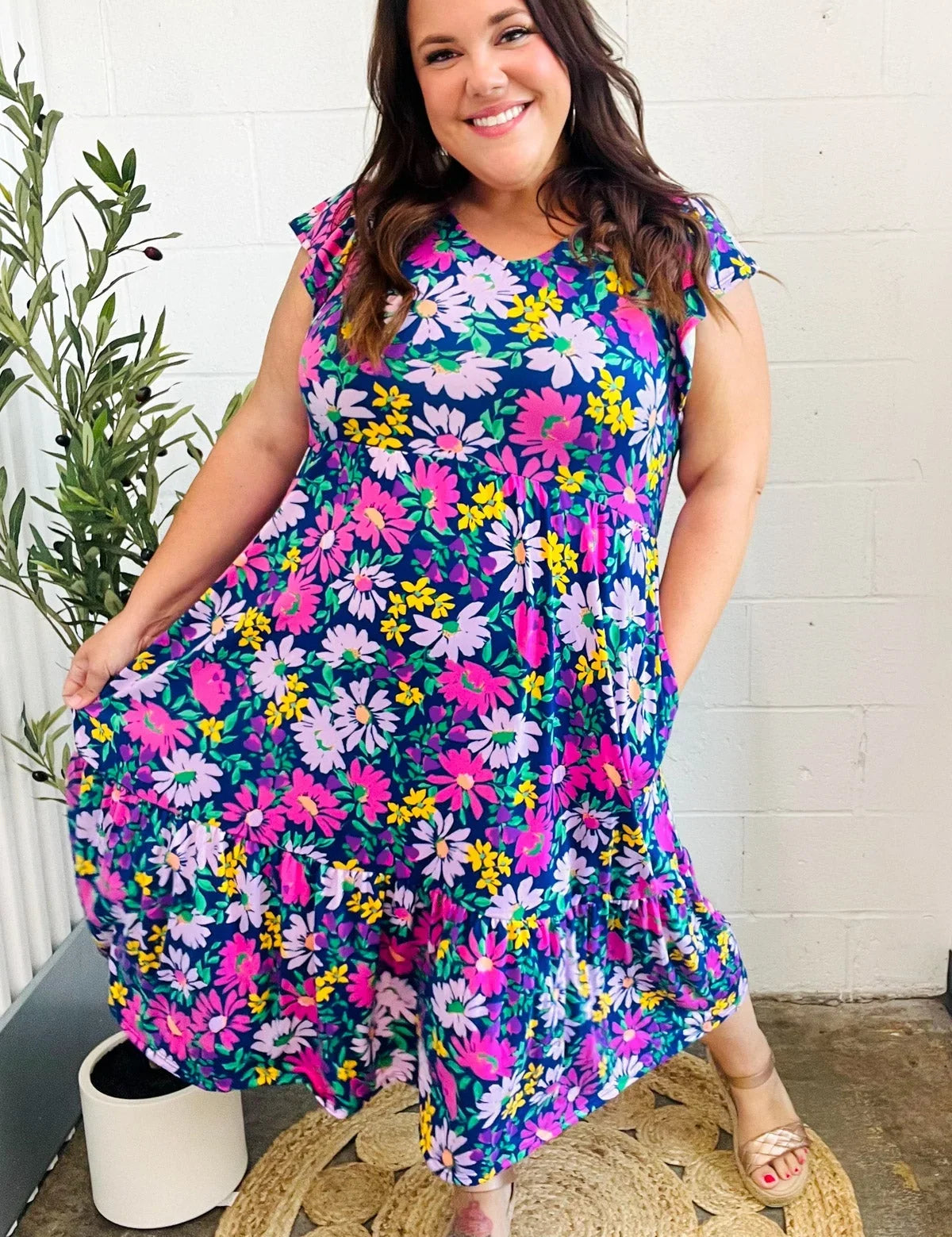 Diva Dreams Navy & Lilac Floral Fit & Flare Midi Dress | Daverri Fashions