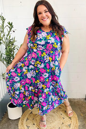 Diva Dreams Navy & Lilac Floral Fit & Flare Midi Dress | Daverri Fashions