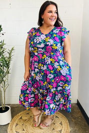 Diva Dreams Navy & Lilac Floral Fit & Flare Midi Dress | Daverri Fashions