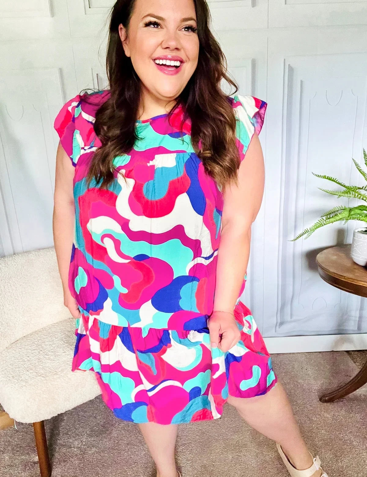 Go For Fun Fuchsia Geo Print Tiered Ruffle Sleeve Woven Dress | Daverri Fashions