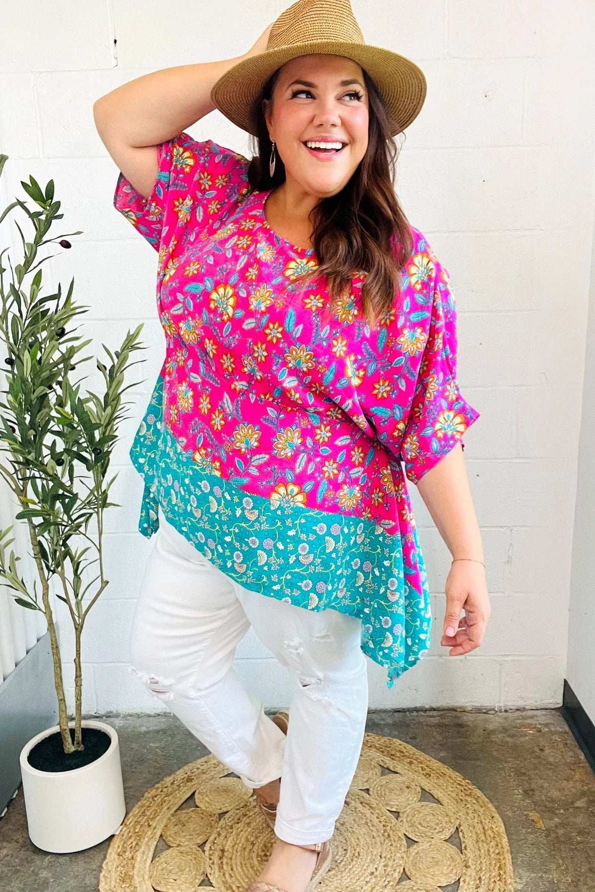Vacay Ready Fuchsia Paisley Floral Dolman Sleeve Shark Bite Top | 07-01-25 Summer Sale Daverri Fashions