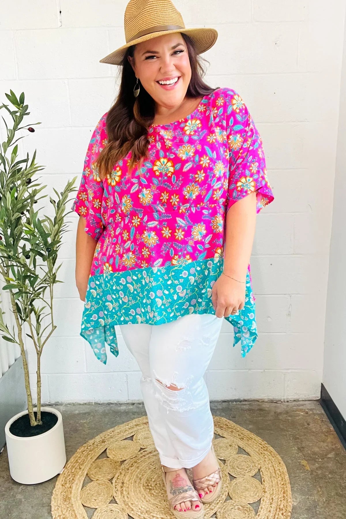 Vacay Ready Fuchsia Paisley Floral Dolman Sleeve Shark Bite Top | 07-01-25 Summer Sale Daverri Fashions