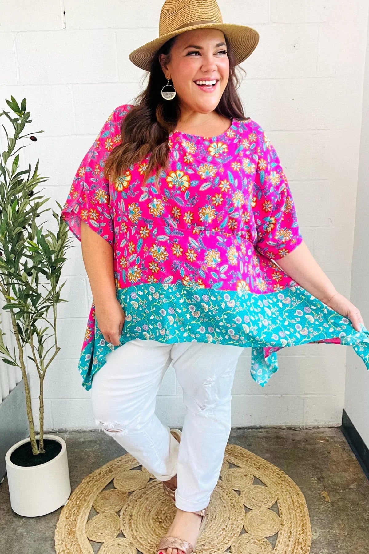 Vacay Ready Fuchsia Paisley Floral Dolman Sleeve Shark Bite Top | 07-01-25 Summer Sale Daverri Fashions