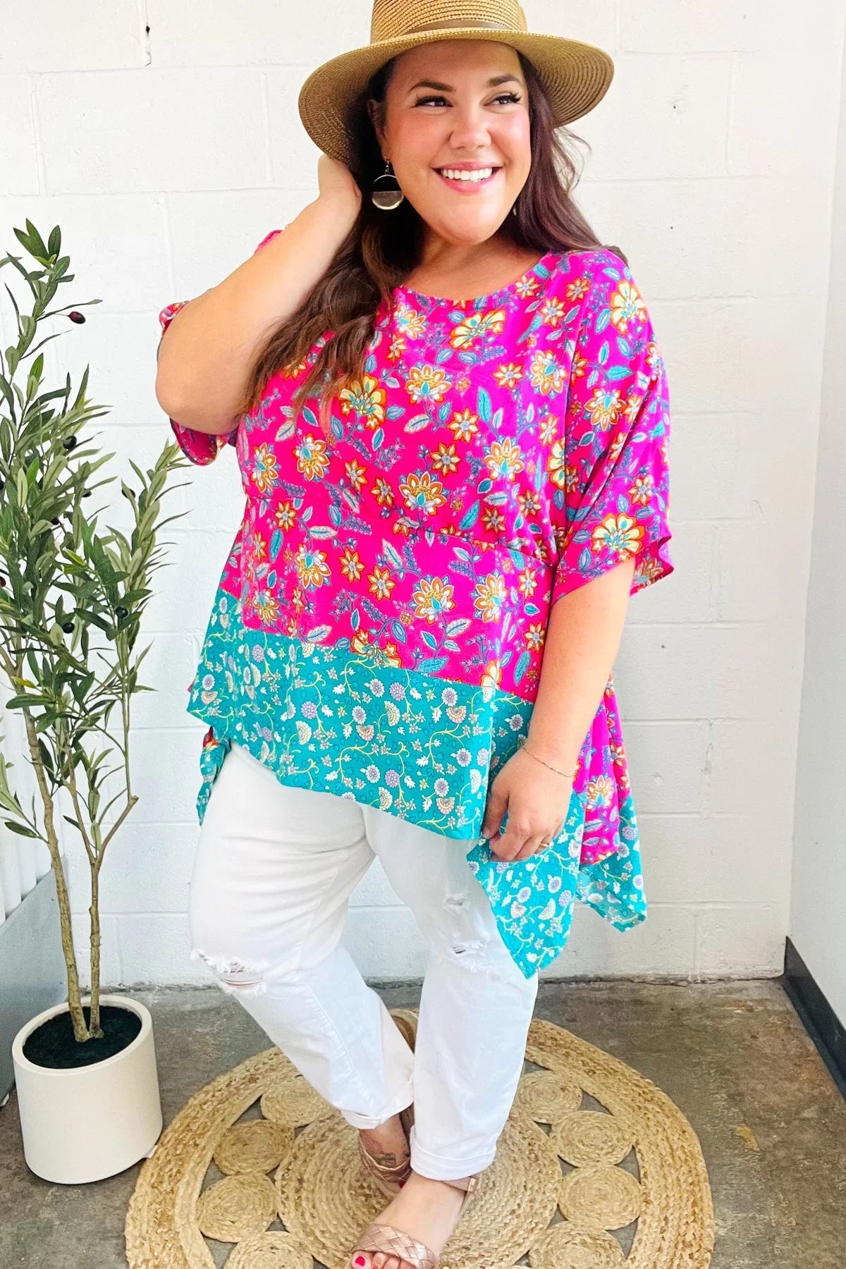 Vacay Ready Fuchsia Paisley Floral Dolman Sleeve Shark Bite Top | 07-01-25 Summer Sale Daverri Fashions