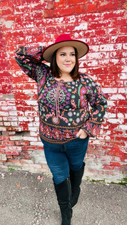 Take The Leap Black & Mauve Border Print Boho Tie Top | Daverri Fashions