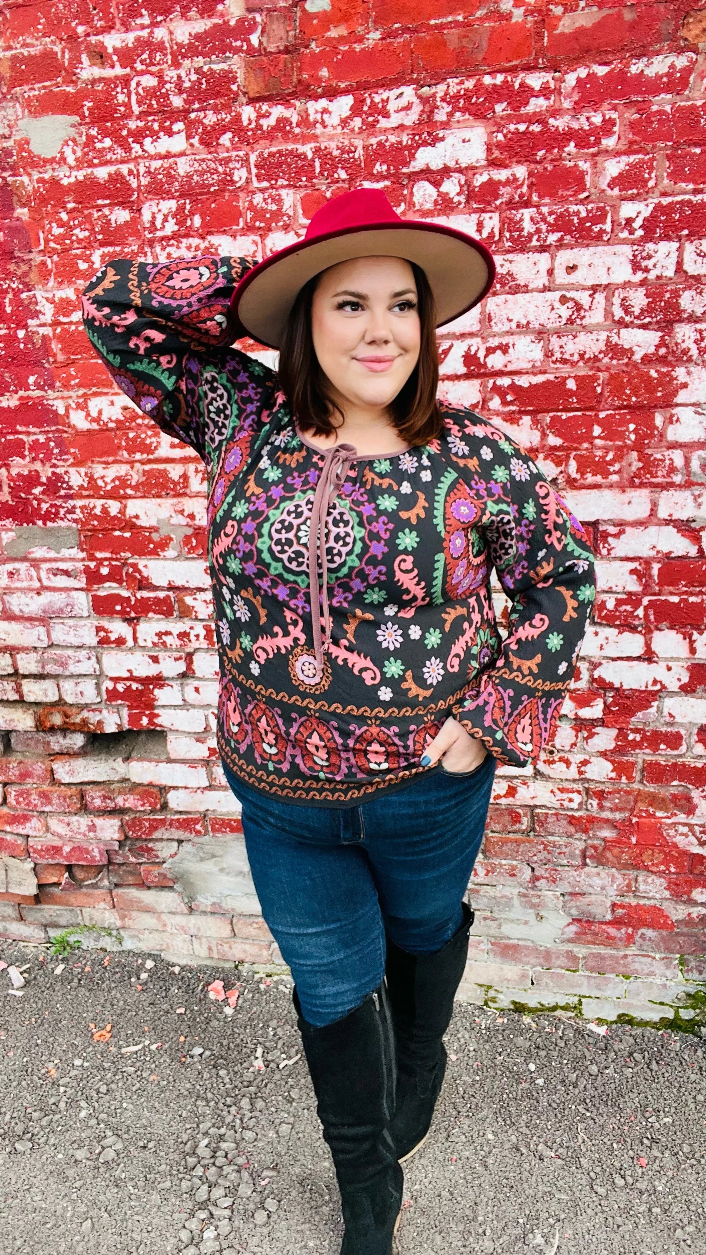 Take The Leap Black & Mauve Border Print Boho Tie Top | Daverri Fashions