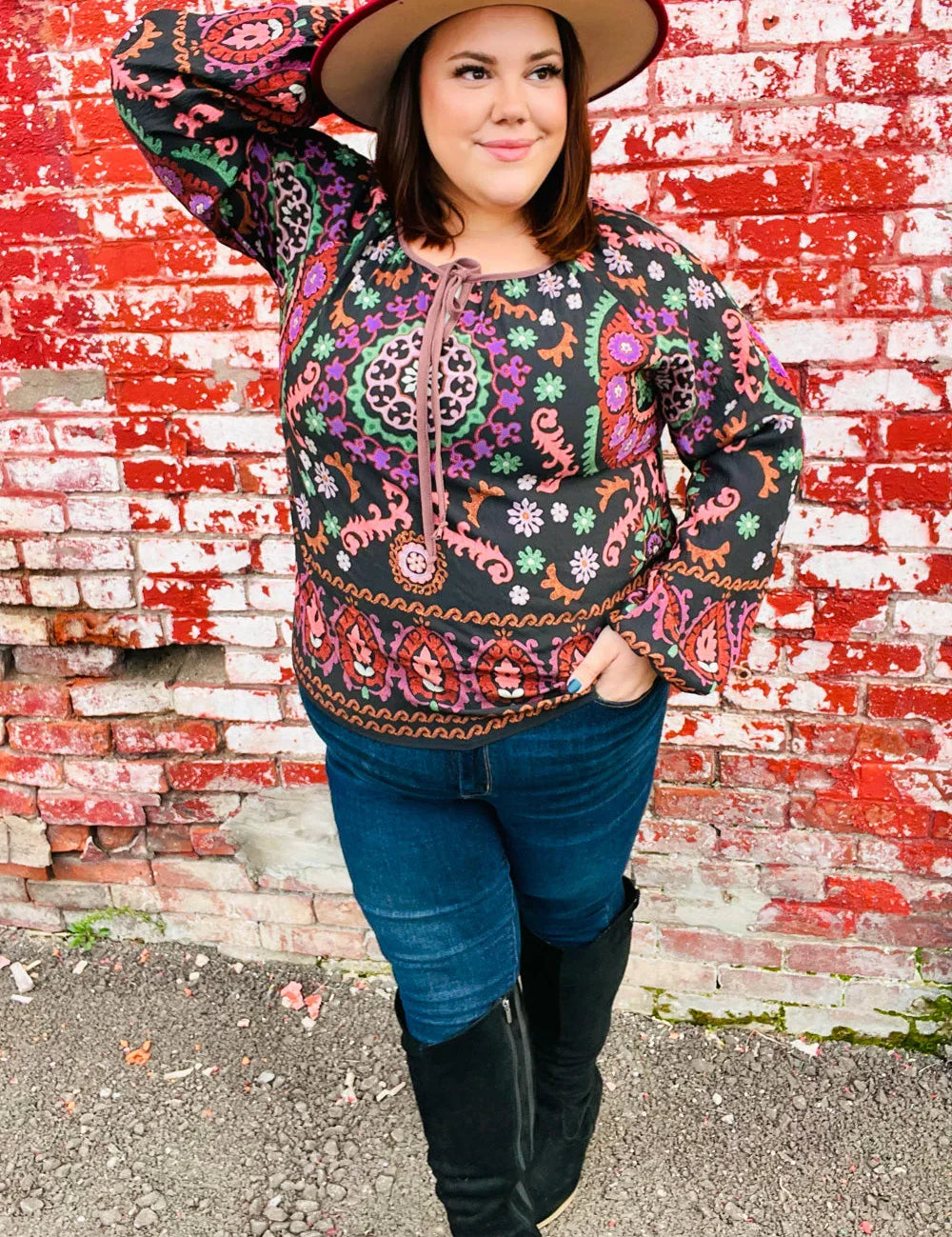 Take The Leap Black & Mauve Border Print Boho Tie Top | Daverri Fashions