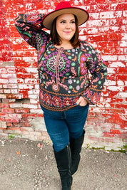 Take The Leap Black & Mauve Border Print Boho Tie Top | Daverri Fashions