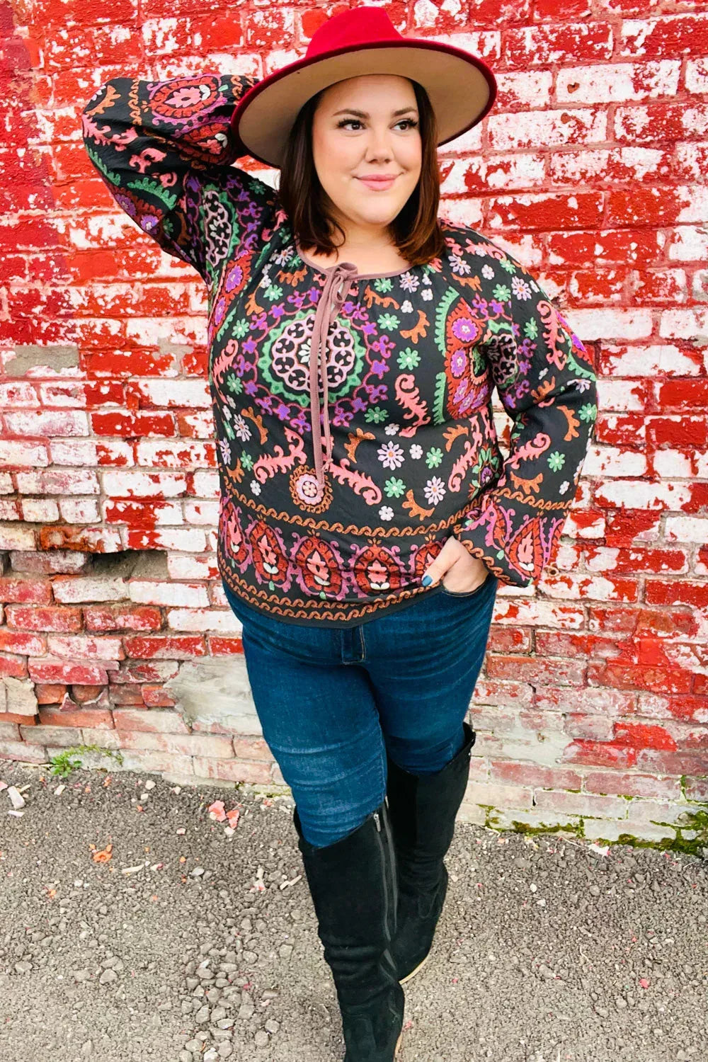 Take The Leap Black & Mauve Border Print Boho Tie Top - DAVERRI FASHIONS