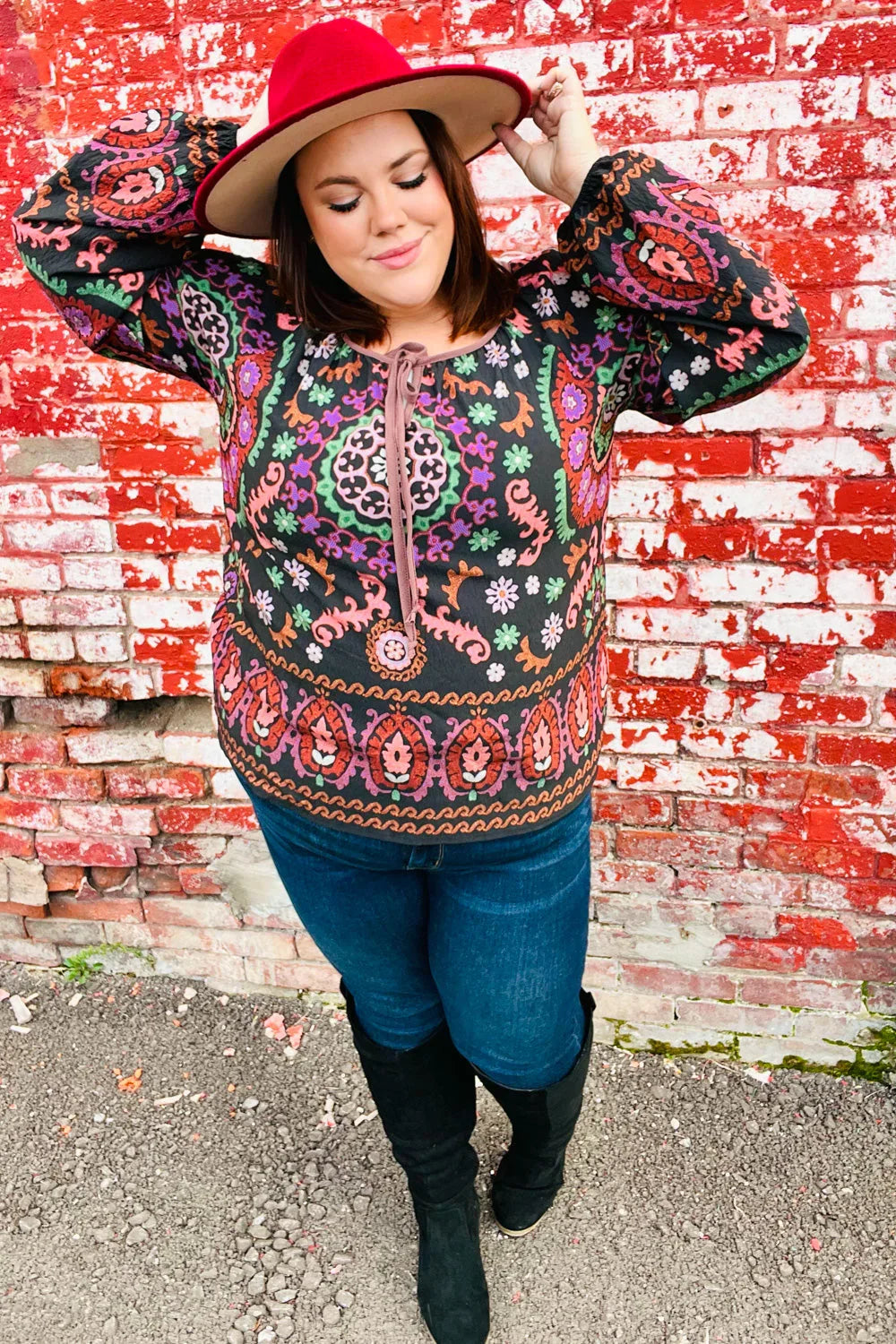 Take The Leap Black & Mauve Border Print Boho Tie Top | Daverri Fashions
