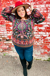 Take The Leap Black & Mauve Border Print Boho Tie Top | Daverri Fashions