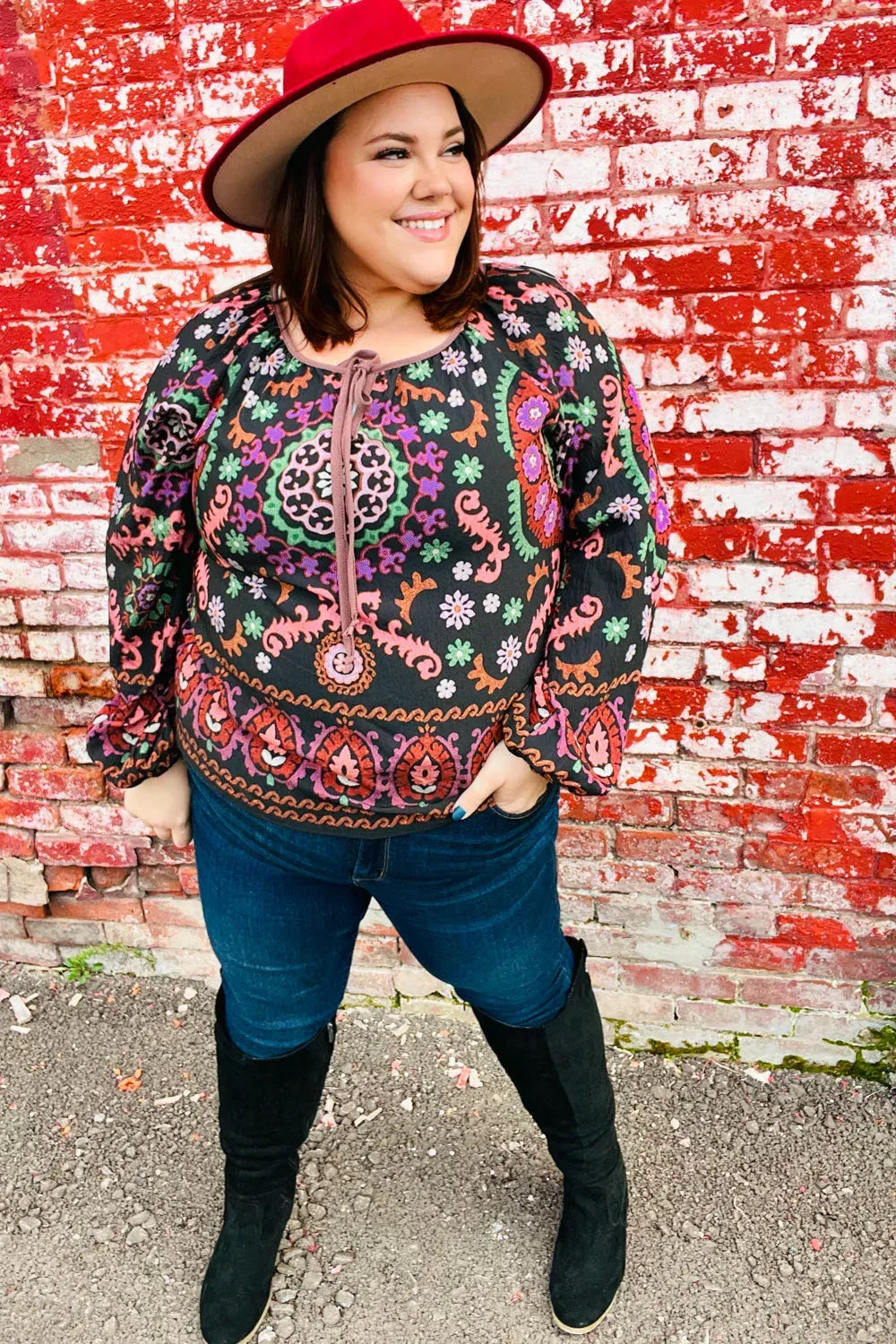 Take The Leap Black & Mauve Border Print Boho Tie Top - DAVERRI FASHIONS