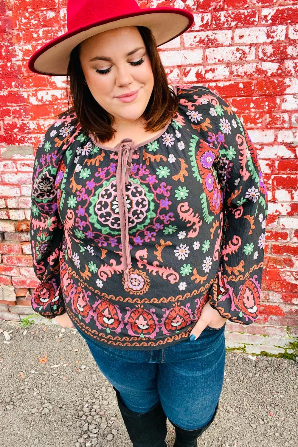 Take The Leap Black & Mauve Border Print Boho Tie Top - DAVERRI FASHIONS