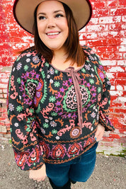 Take The Leap Black & Mauve Border Print Boho Tie Top | Daverri Fashions